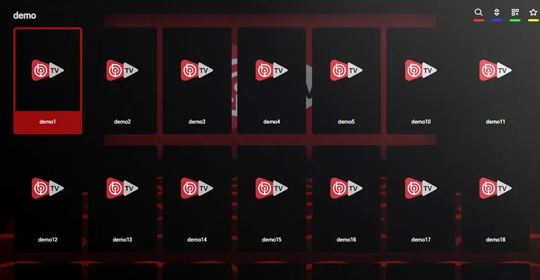 Grille de chaînes d’une liste de démonstration, chaque vignette portant le logo du lecteur